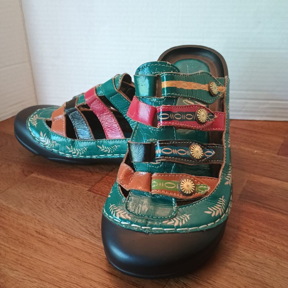 Elite by Corkys Heidi Size EU 38 (US 8) Women's Leather 4-Strap Clogs Green - Picture 2 of 7